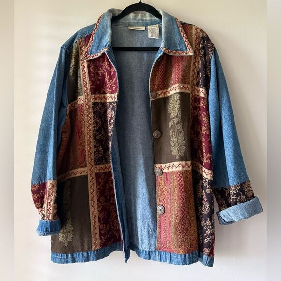 Units Vintage 90’s Patchwork Denim Jacket with Floral Patterns Size 1XL - Picture 2 of 7